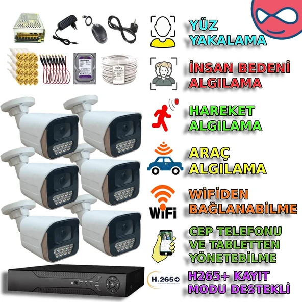 6 KAMERALI 6 WARM LEDLİ 5MP 3.6 SONY LENS GECE RENKLİ GÖSTEREN METAL KASA GÜVENLİK KAMERA SETİ ürün görseli 1