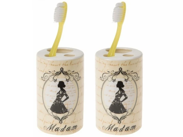 2 ADET SERAMİK DİŞ FIRÇALIK MADAM DESENLİ 7X7X11CM BANYO SETİ ürün görseli 1