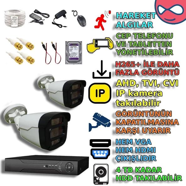 2 KAMERALI 4 WARM LEDLİ GECE RENKLİ GÖSTEREN 1080P PLASTİK KASA GÜVENLİK KAMERA SETİ ürün görseli 1