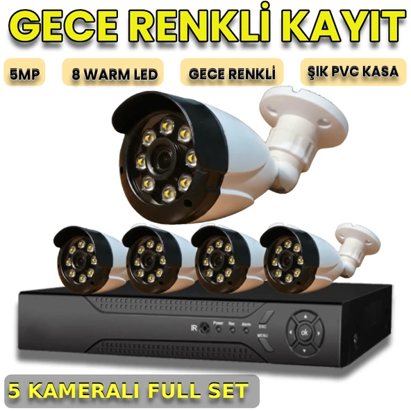 5 KAMERALI 8 WARM LEDLİ 1080P PLASTİK KASA GÜVENLİK KAMERA SETİ ürün görseli 1
