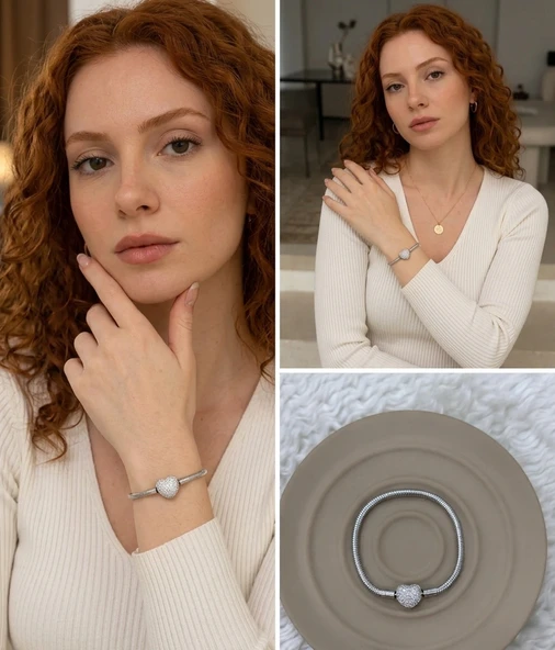 ? Premium Gümüş Renk Parlak ve Modern Taş Detay Kalp Figür Zirkon Charm 316L Çelik Bileklik (~18cm) ürün görseli 1