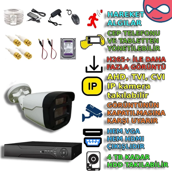 1 KAMERALI 4 WARM LEDLİ GECE RENKLİ GÖSTEREN 1080P PLASTİK KASA GÜVENLİK KAMERA SETİ ürün görseli 1
