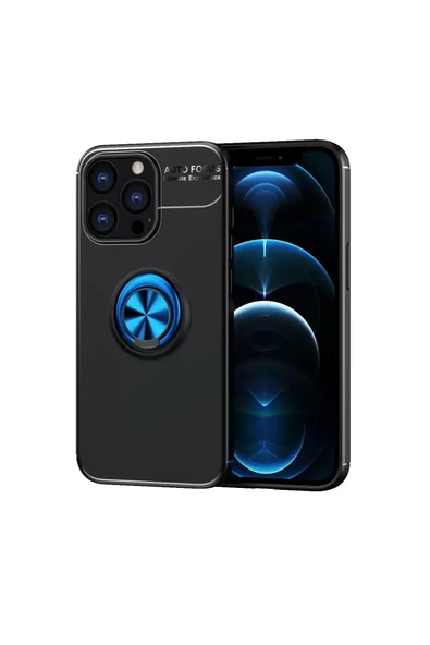 Newface Apple iPhone 13 Pro Max Kılıf Range Yüzüklü Silikon - Siyah-Mavi ürün görseli 1