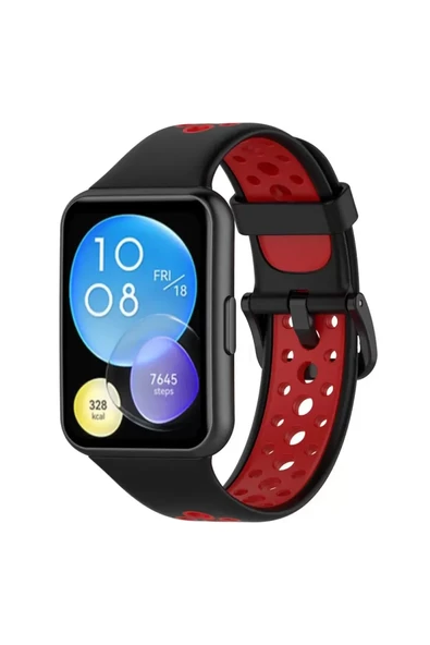 Newface Huawei Watch Fit 2 Spor Delikli Kordon - Siyah-Kırmızı ürün görseli 1