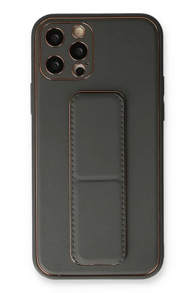 Newface Apple iPhone 12 Pro Kılıf Coco Deri Standlı Kapak - Füme ürün görseli 1