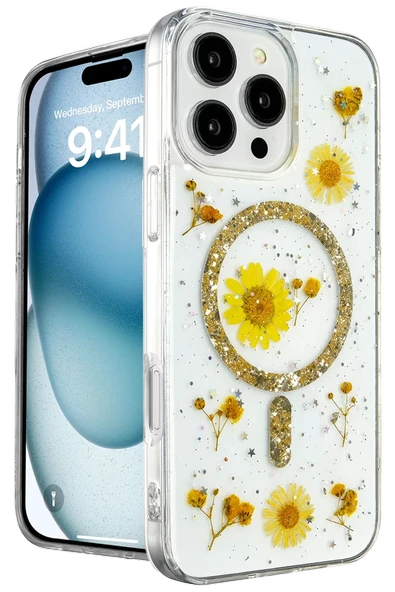 Newface Apple iPhone 16 Pro Kılıf Daisy Simli Magsafe Kapak - Gold ürün görseli 1