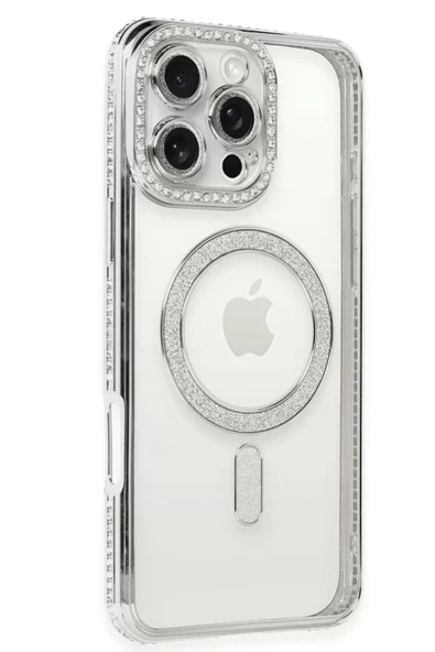 Newface Apple iPhone 16 Pro Kılıf Joke Simli Magneticsafe Kılıf - Gümüş ürün görseli 1