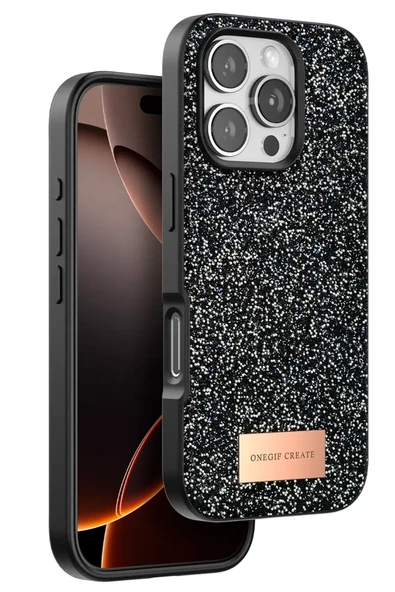 Onegif Apple iPhone 16 Pro Bright Simli Kapak - Siyah ürün görseli 1