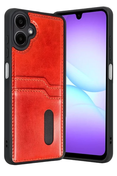 Newface Samsung Galaxy A07 4G Sara Kartvizitli Deri Kılıf - Kırmızı ürün görseli 1
