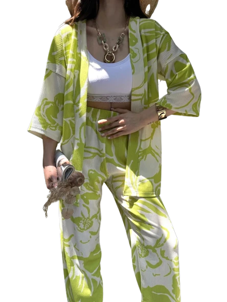 Alt Üst Takım Kimono- Desenli-Yeşil - Resim 2