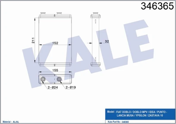 KALE KALORİFER RADYATÖRÜ MEKANİK FIAT DOBLO/DOBLO MPV/IDEA/PUNTO - LANCIA MUSA/YPSILON/ZASTAVA 10   0183831AB ürün görseli 1