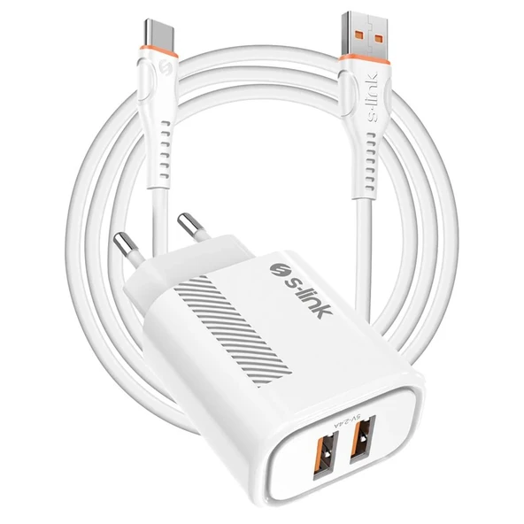 S-link SL-EC50 (SL-EC50T) 5V 2400MA Type-C Kablolu 2 USB Çıkışlı Beyaz Ev Şarj Adaptörü ürün görseli 1