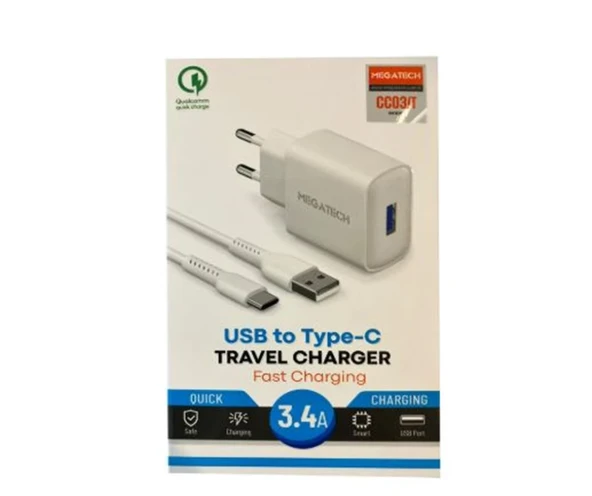 Megatech CC-03 (MT-Ct34 )3.4A Type-C Usb Kablo+ Ev Şarj Adaptör Hızlı Şarj ürün görseli 1