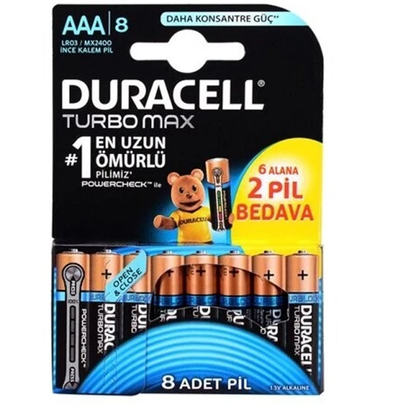 Duracell Turbo Max Alkalin LR03 1.5V AAA İnce 8'Li Pil ürün görseli 1
