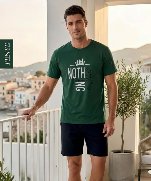 Derya Erkek Bisiklet Yaka Penye Kısa Kol Şortlu Pijama Takımı 8091 - 1 Adet  L Yeşil ürün görseli 1