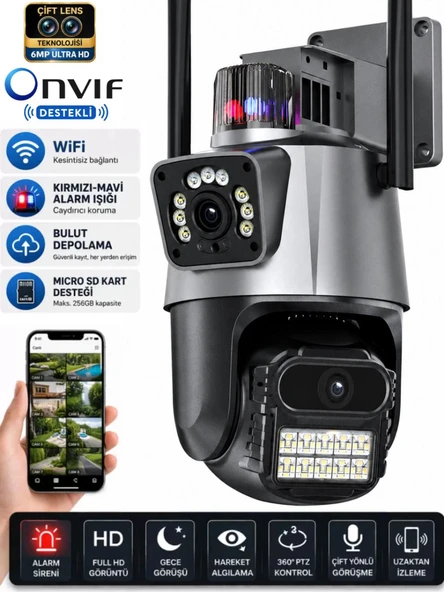 SV-318 Dual Lens 6MP WiFi Güvenlik Kamerası Gece Görüşlü Hareketli Sesli Çakarlı Alarm Akıllı Kamera ürün görseli 1