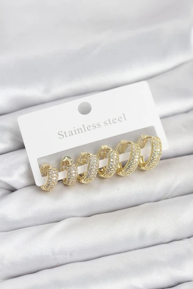 316L Çelik Gold Renk Zirkon Taşlı Halka Küpe Seti - TJ-BKP11520 ürün görseli 1