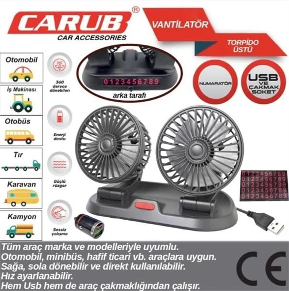 CARUB VANTİLATÖR TORPİDO ÜSTÜ USB ÇİFTLİ+PARKMATİK ürün görseli 1