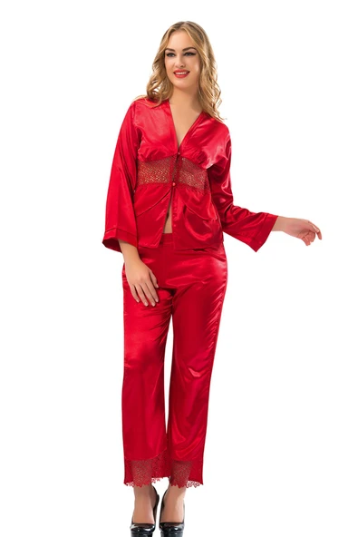 Kırmızı Saten Pijama Takımı ürün görseli 1