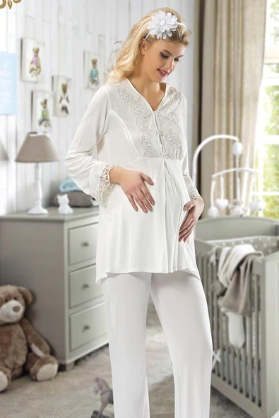 Ekru Hamile ( Lohusa ) Pijama Takımı ürün görseli 1