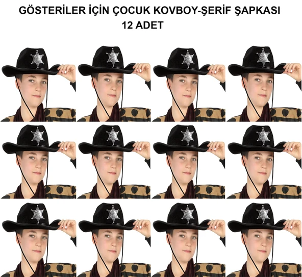 Kovboy Şerif Şapkası Siyah 12 Adet - Kostüm, Parti Gösteri Şapkası ürün görseli 1