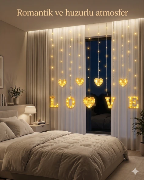 3 Metre Perde Led Işık - 8 Modlu Love Figürlü Dekoratif Animasyonlu Led ürün görseli 1