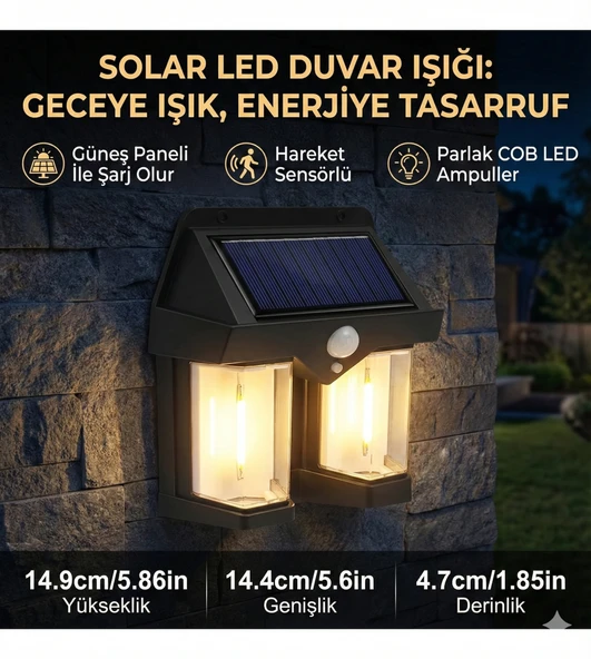 Rustik Ampul İkili Solar Duvar Aplik Güneş Enerjili Hareket Sensörlü ürün görseli 1
