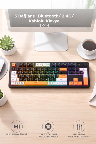 Oyuncu Klavyesi Rgb Işıklı Dijital Ekranlı 3 Modlu Mekanik Hisli Kablosuz Klavye TK14 ürün görseli 1