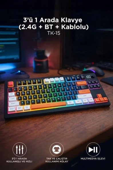 Çoklu Bağlantılı 2.4G +BT +Kablolu RGB Işıklı Q Klavye TK15 ürün görseli 1