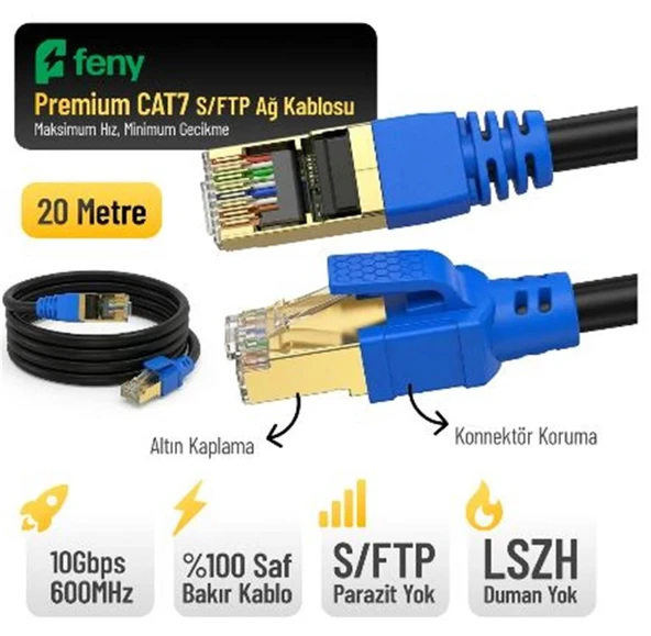 Feny FN-CAT7LS20 10GBPS İnternet 60MHZ 20 Metre CAT7 Gold Patch Kablo (Yanmaz- yüzde 100 Saf Bakır) ürün görseli 1