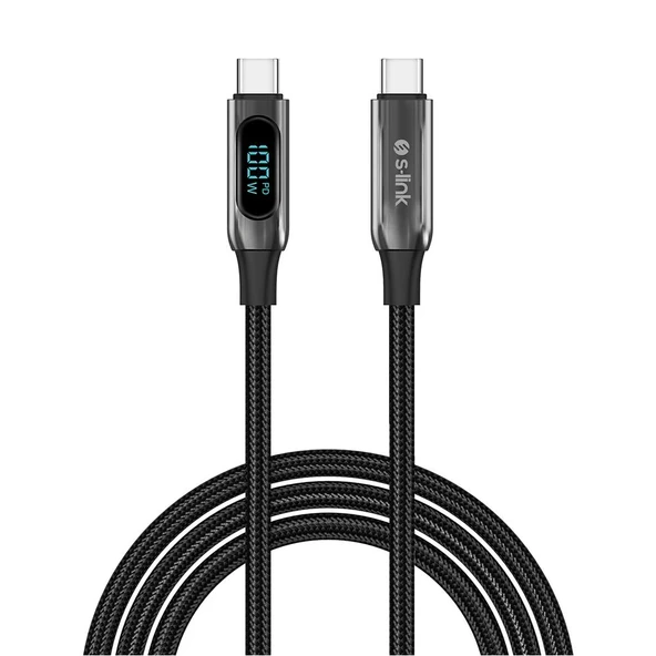 S-link Armor LED LCC-0100 100W 1m Type-C to Type-C PD Örgülü LED Başlıklı Siyah Hızlı Şarj Kablosu ürün görseli 1