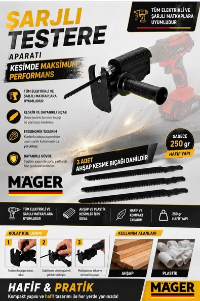 Matkabı Testereye Dönüştüren Aparat - Şarjlı Testere Aparatı - Tüm Elektrikli ve Şarjlı Matkaplarla Uyumlu - 3 Adet Ahşap Kesme Bıçağı Dahil ürün görseli 1