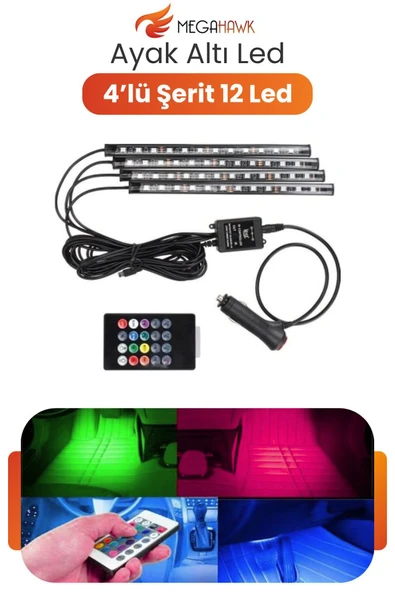 Araç İçi Ayak Altı RGB LED Ambiyans Seti Müzik Sensörlü Kumandalı 4’lü Şerit 12V Çakmak Girişli ürün görseli 1