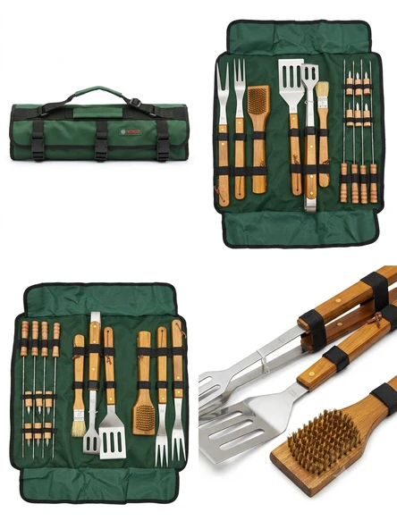 BOSCH Ahşap Saplı Barbekü Izgara Mangal Seti Çantalı Paslanmaz Çelik 16 Parça ürün görseli 1
