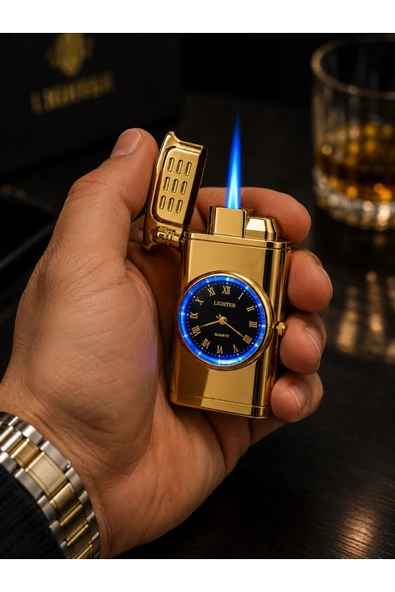 Özel Lüks Çakmak Prestij Hediye Premium Saatli LED Işıklı Metal Çakmak Dolu Gönderim Gold ürün görseli 1