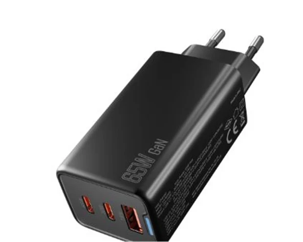 Hytech HY-XEG65 2-USB-C + USB-A GAN PD 65W - QC 18W Type PD-PPS Siyah EV-NOTEBOOK Şarj Adaptör ürün görseli 1