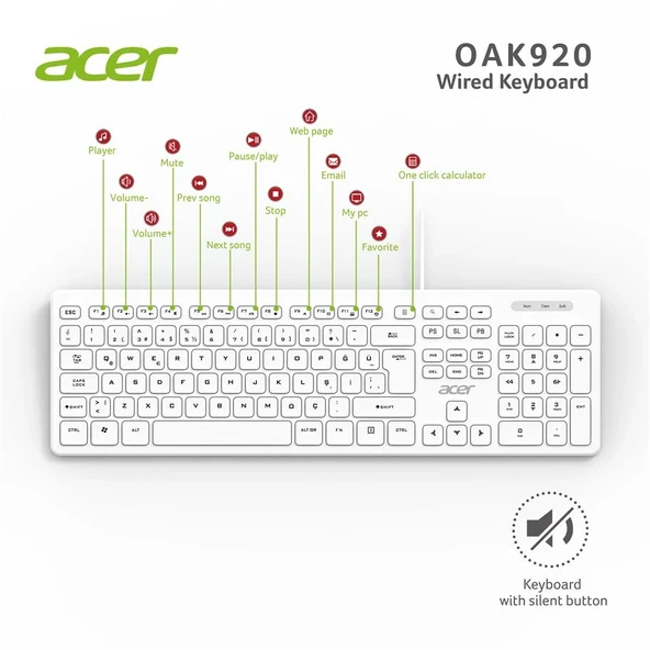 Acer OAK920 Q Usb Beyaz 1.8mt Kablolu Klavye-Tek Tuş Hesap Makinalı (Sessiz Tuş) ürün görseli 1