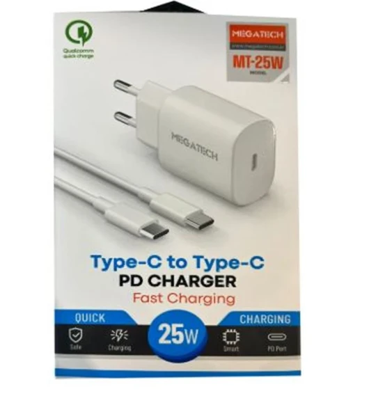 Megatech Mt-25w QC:3.0 PD:3.0 Ev Şarj Kafa+ Type-C To Type-C Şarj Kafası Hızlı Şarj ürün görseli 1