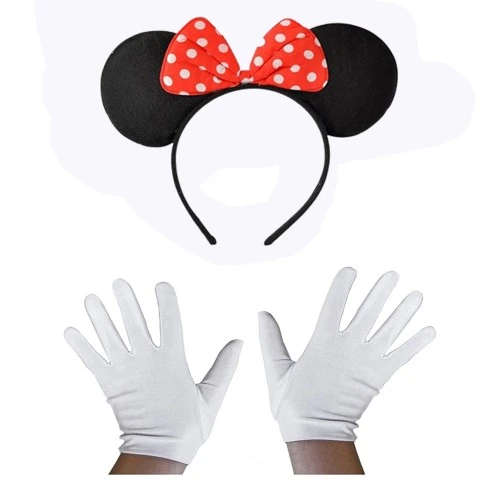 ETT Kırmızı Fiyonklu Minnie Mouse Tacı ve Beyaz Eldiven Seti - Parti Aksesuarı ürün görseli 1