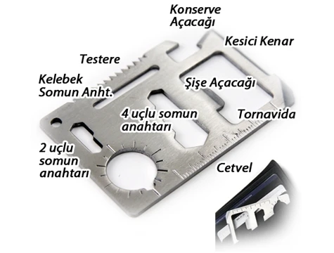ETT Survival Acil Durum Kiti - 11 Fonksiyonlu Paslanmaz Çelik Kamp Kartı ürün görseli 1