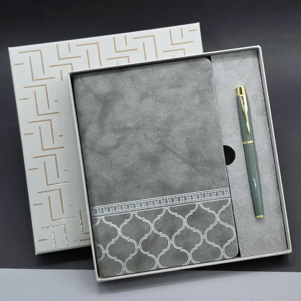 ETT Kutulu Deri Defter Roller Kalem Set - Gri Desenli Şık Hediye ürün görseli 1