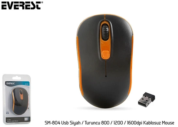 Everest SM-804 Usb Siyah-Turuncu 800-1200-1600dpi Kablosuz Mouse ürün görseli 1