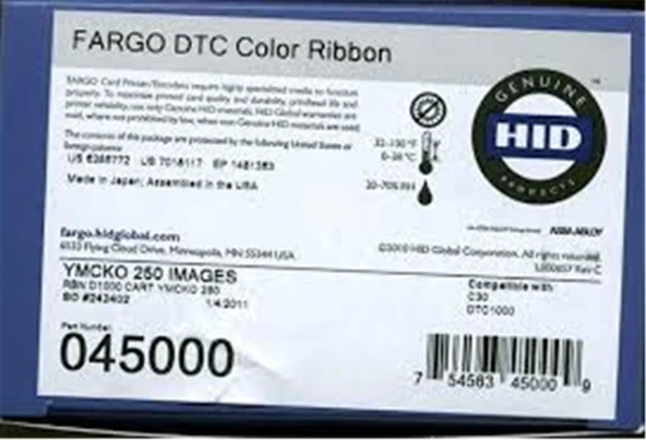 Fargo 045000 DTC1000-DTC1250e YMCKO Renkli Ribbon Tek Yüze 250 Renkli Baskı ürün görseli 1