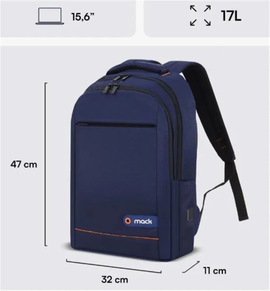 Mack MCC-006BL 15.6" Office USB Girişli Notebook Sırt Çantası Lacivert (Dahili USB Şarj Portu) ürün görseli 1