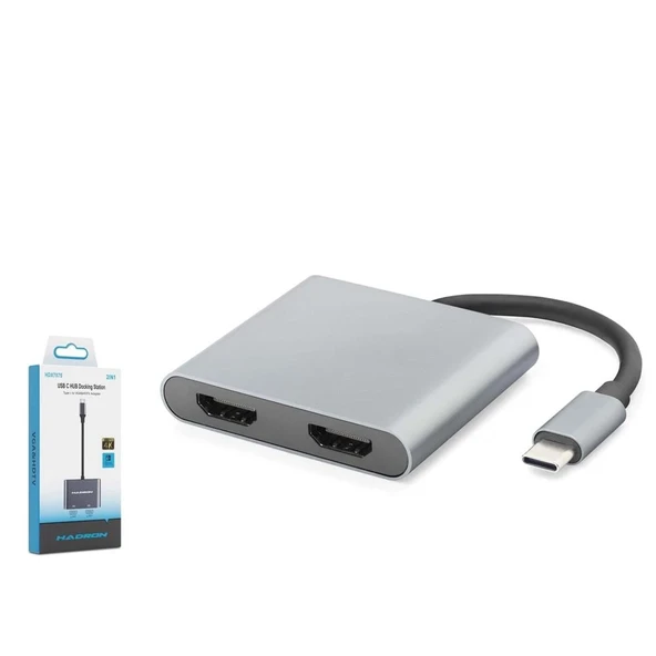 HADRON HDX7875 Type-C to 2x HDMI Dişi Görüntü Dönüştürücü 4K 30 Hz - Gri ürün görseli 1