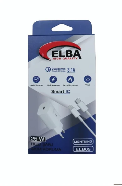 Elba ELB05-PD-25WIOS Beyaz 25W Usb-c Ev Şarj Kafa+1mt Type-c To Lightnıng Kablo PD3.0-QC4.0 Hızlı Ş ürün görseli 1