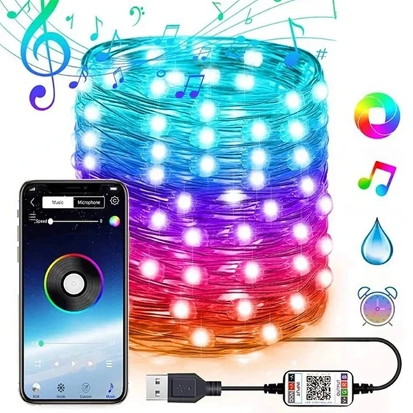 Nevamel ALLY 5MT 50 LED RGB Bluetooth Telefonla Kontrol Edilen Usb Led Lamba İos-Android-(5775) ürün görseli 1