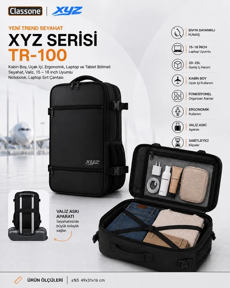 Classone XYZ TR-100 Kabin Boy Uçak İçi Ergonomik Laptop ve Tablet Bölmeli Seyahat Valiz Çanta ürün görseli 1