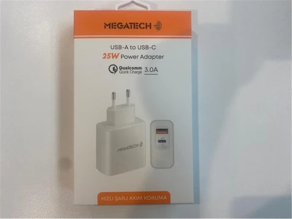 Megatech 25W2  Usb-A To Usb-C 3.0A 25W Ev Şarj Kafa Hızlı Şarj Akım Koruma ürün görseli 1