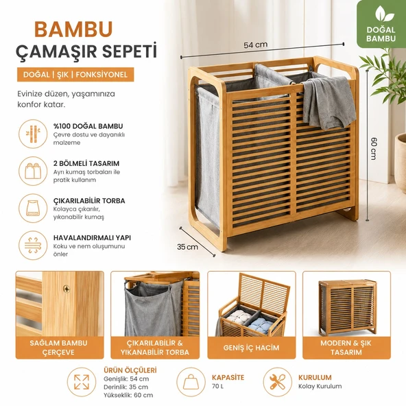 Doğal Bambu Çamaşır Sepeti 70 Litre 2 Gözlü Kirli Çamaşır Sepeti Modern Tasarım ürün görseli 1